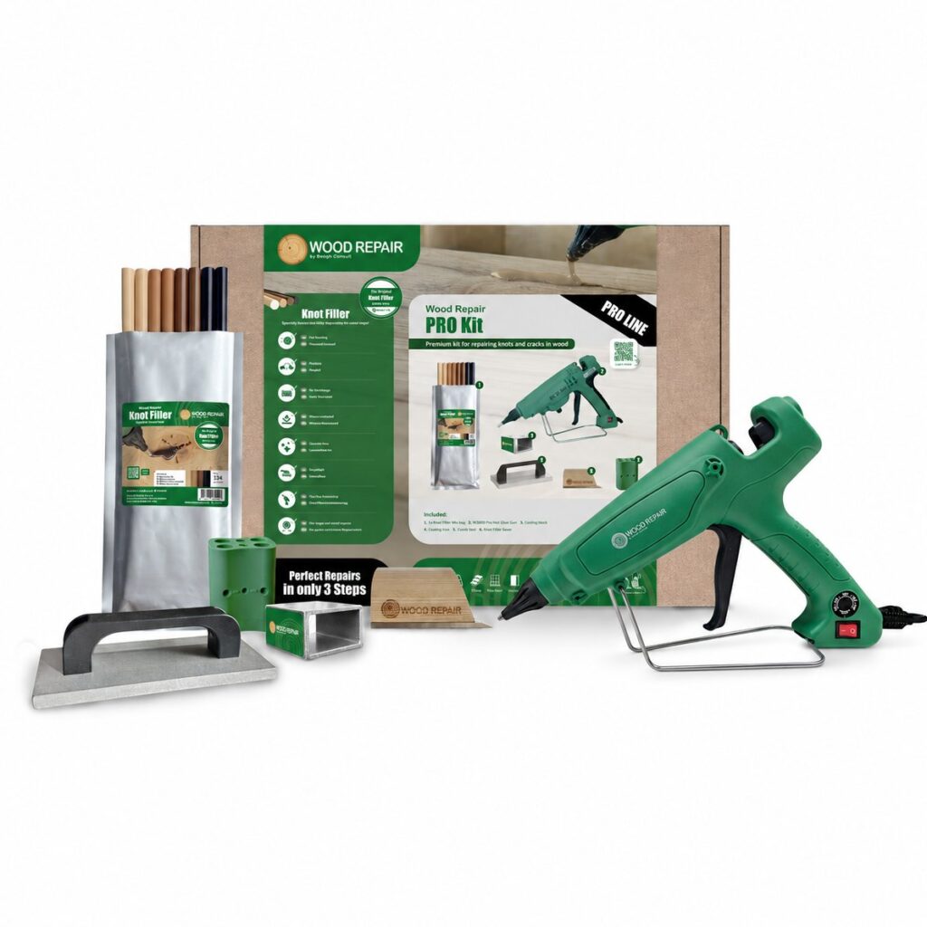 Wood-Repair-PRO-Kit-50072-con-pistola-BCD360-y-barras-Knot-Filler